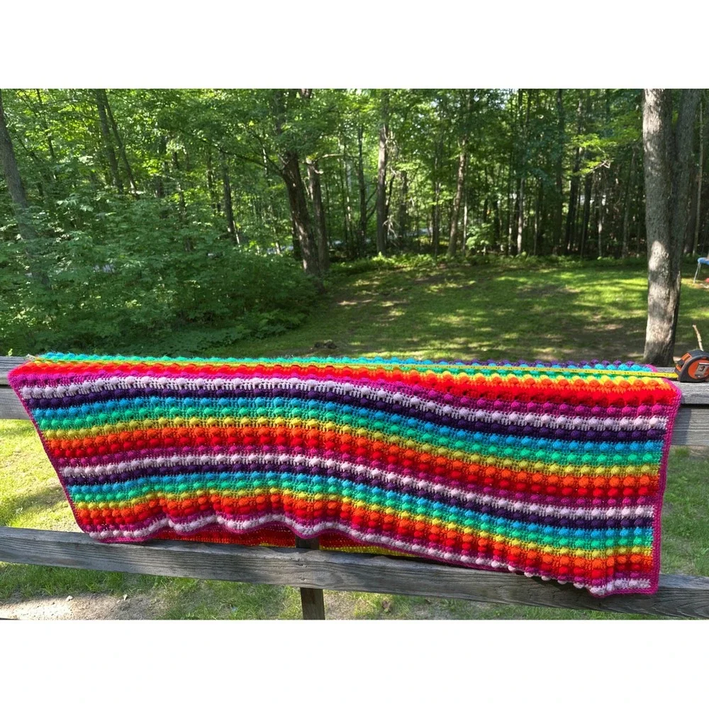 Handmade Crochet Rainbow Bobble Stitch Blanket Multi Color Striped Throw 57x44